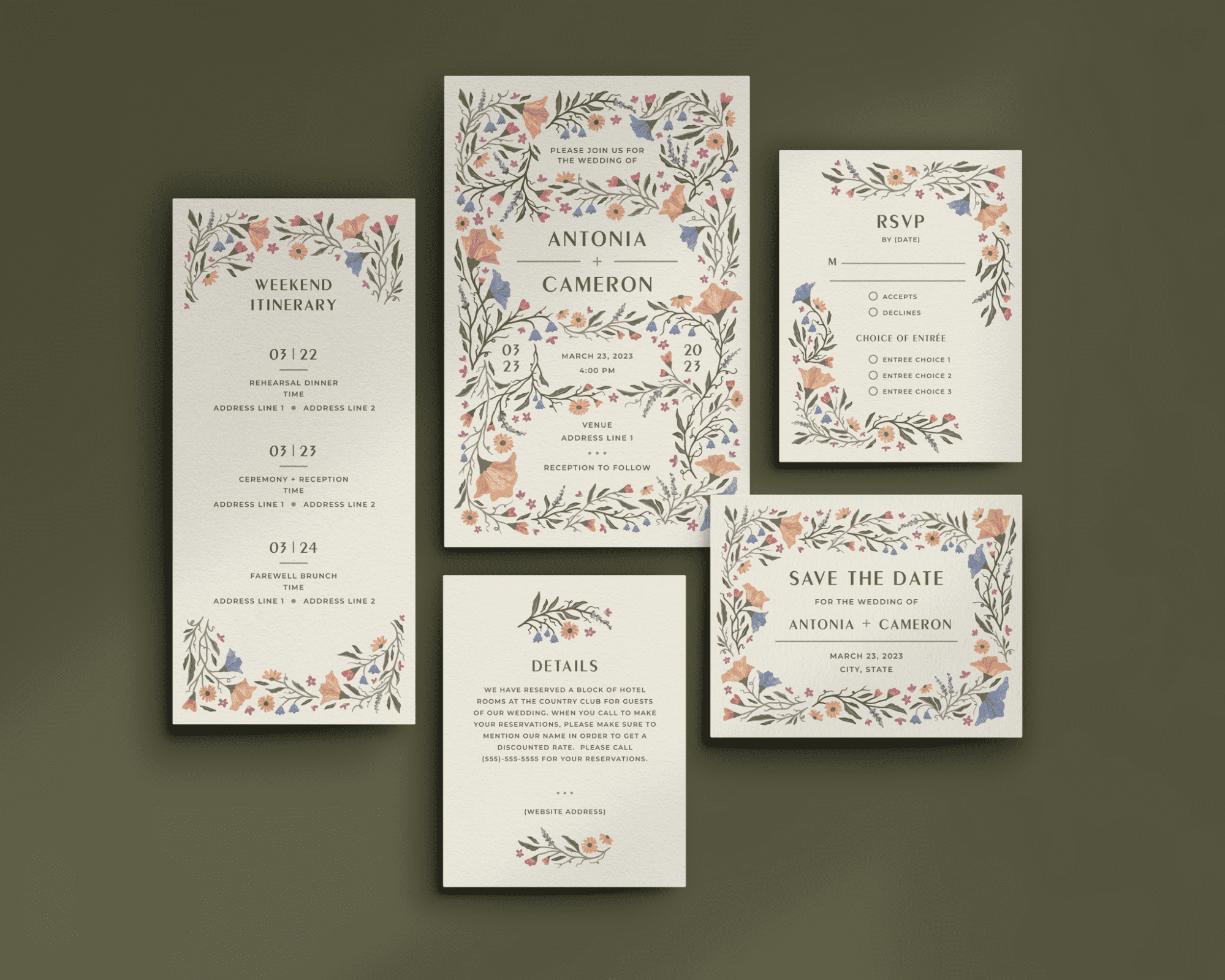 Floral wedding invitation suite with delicate floral illustrations