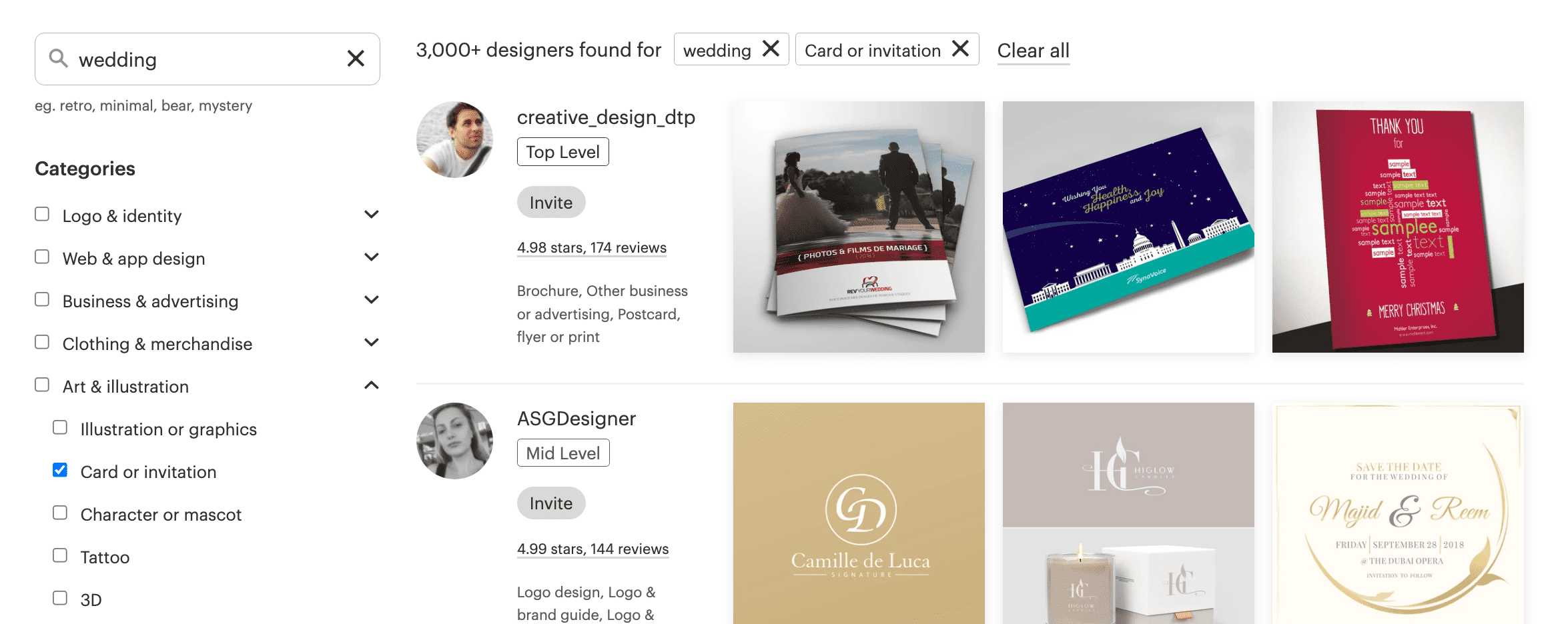 A screenshot of the 99designs by Vista search for designers with experience creating wedding invitations