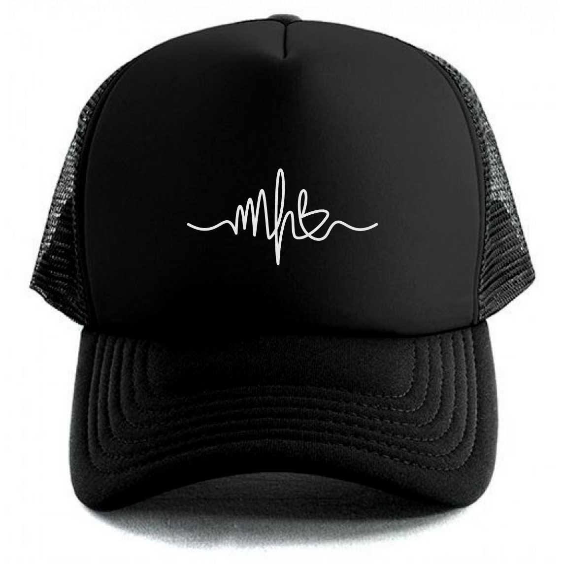 Black soft-top ball cap with mesh sides and eye-catching &ldquo;signature-like&rdquo; doodle in high-contrast white