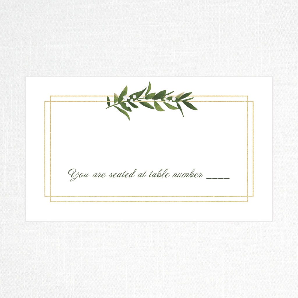 place card featuring watercolor plant imagery in shades of green with a white border
