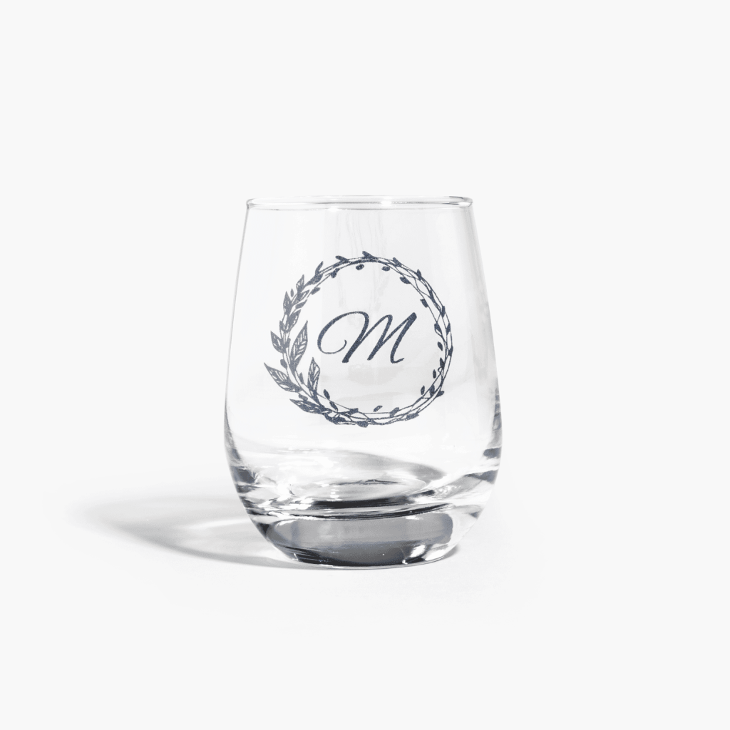 Custom stemless wine glass with initial etched