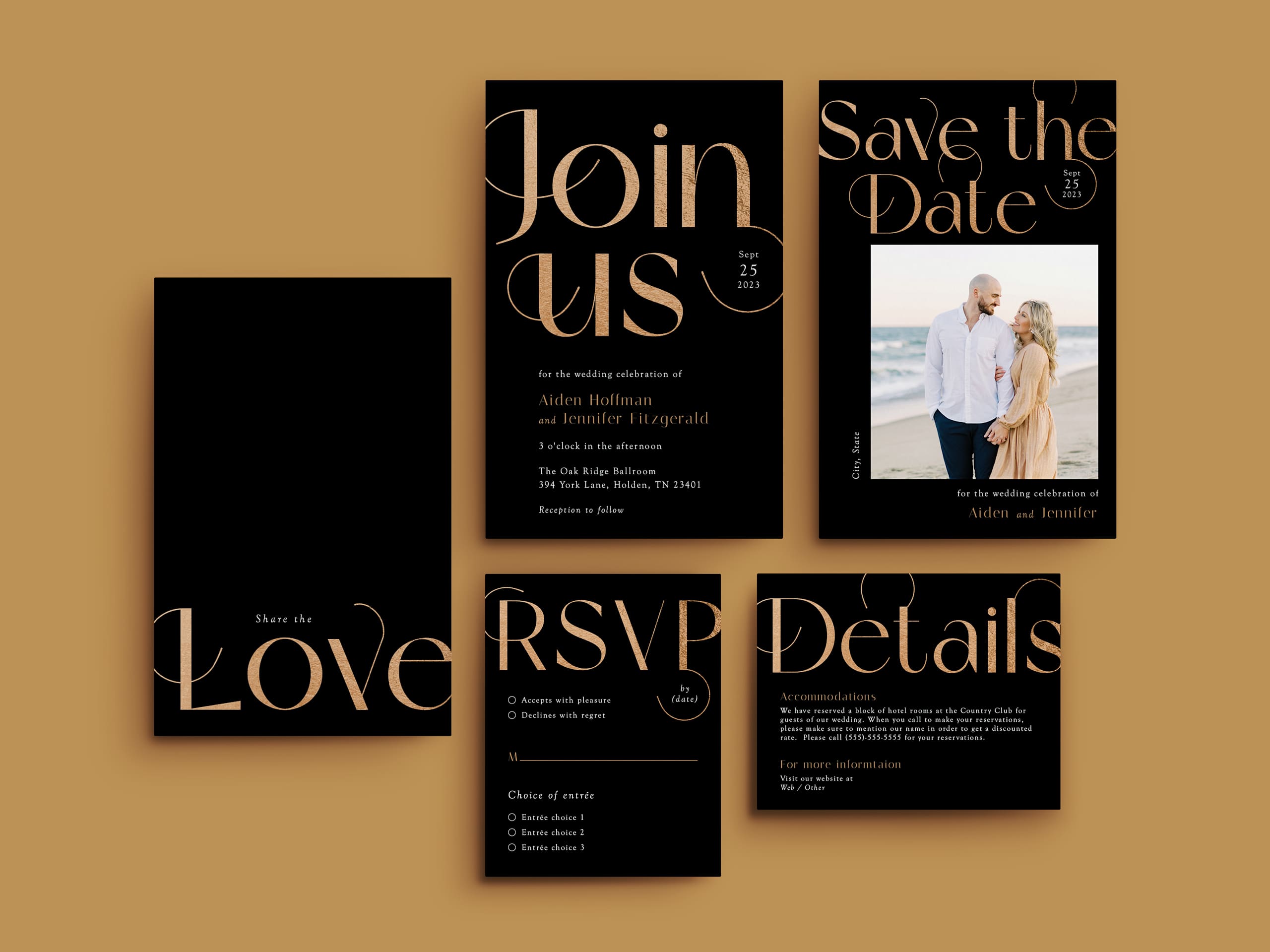 black and gold script font save-the-date and wedding invitation set