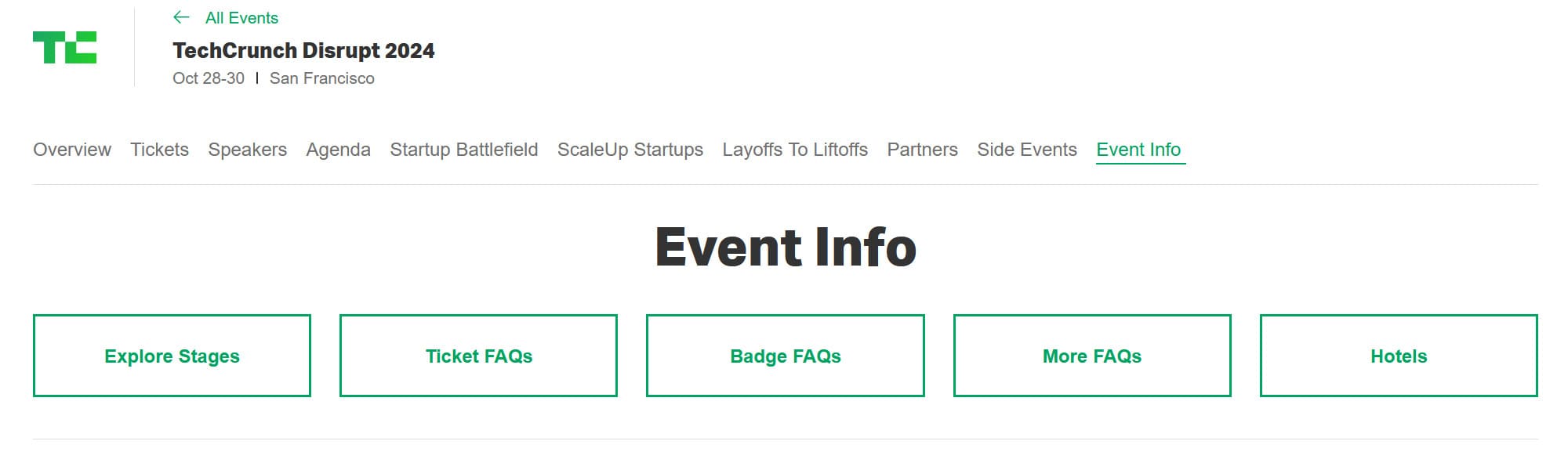 Screenshot of the event information available on the official TechCrunch Disrupt 2024 website