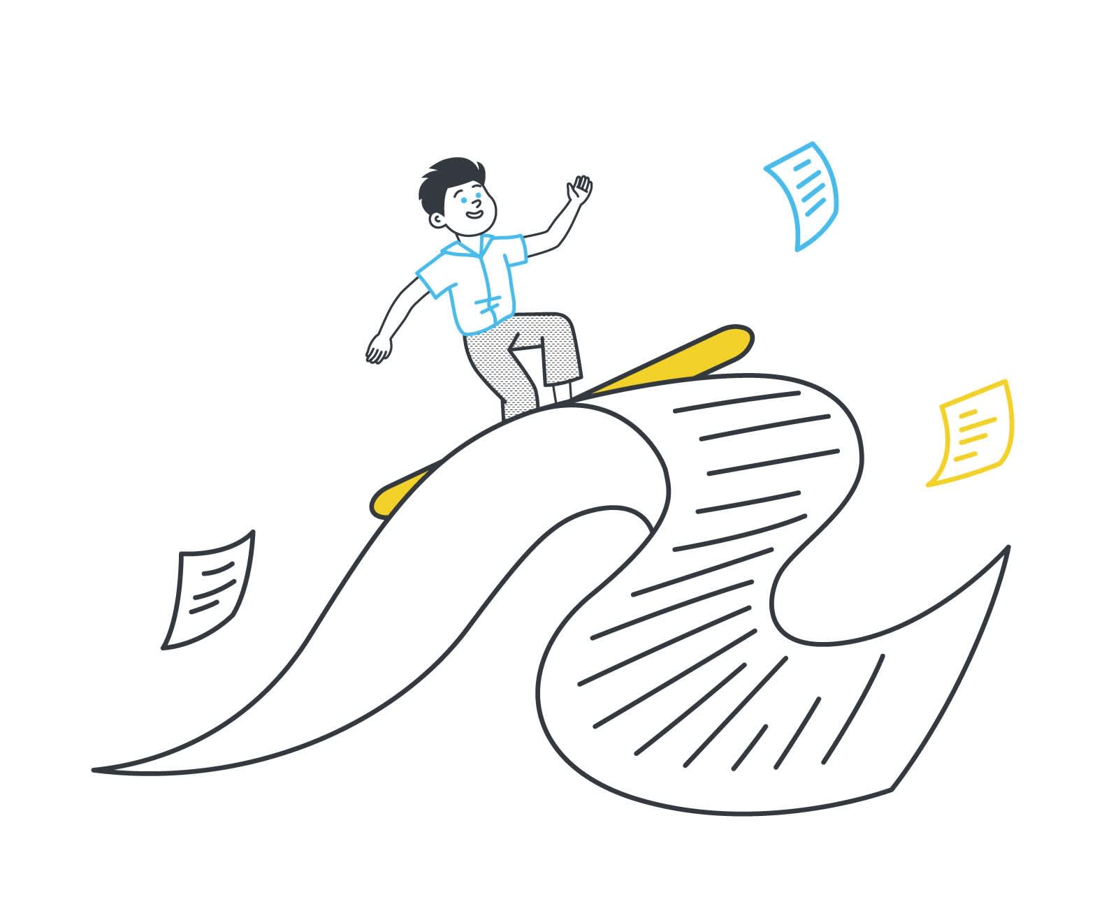 Illustration of a character surfing on paper