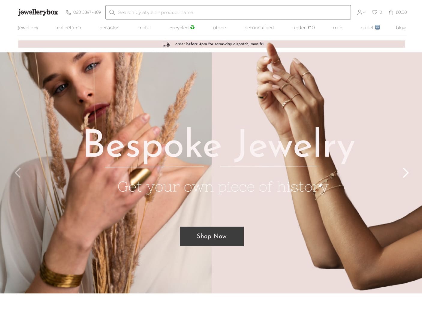 Landing page for a bespoke jewelry website