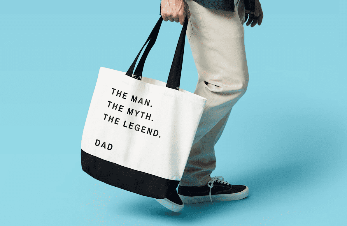 Customized tote bag with the text "The man. The myth. The legend. Dad"