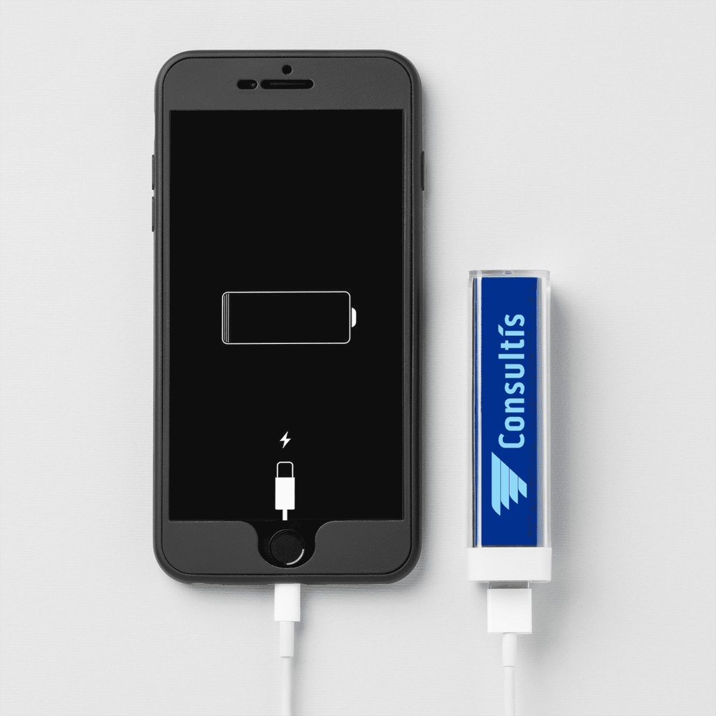 Phone with low battery plugged into customized portable charger