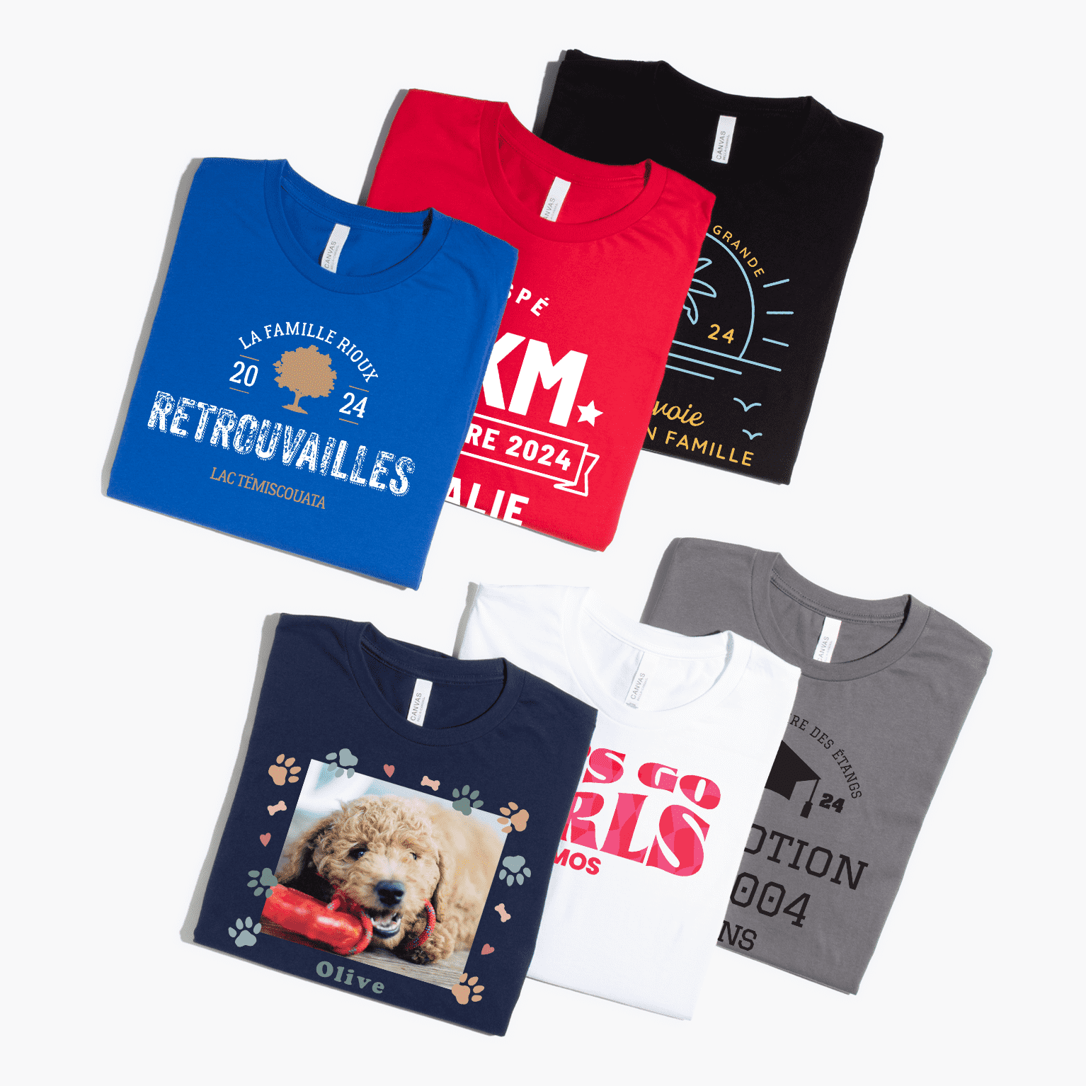 six custom T-shirts in various colors with different designs on them