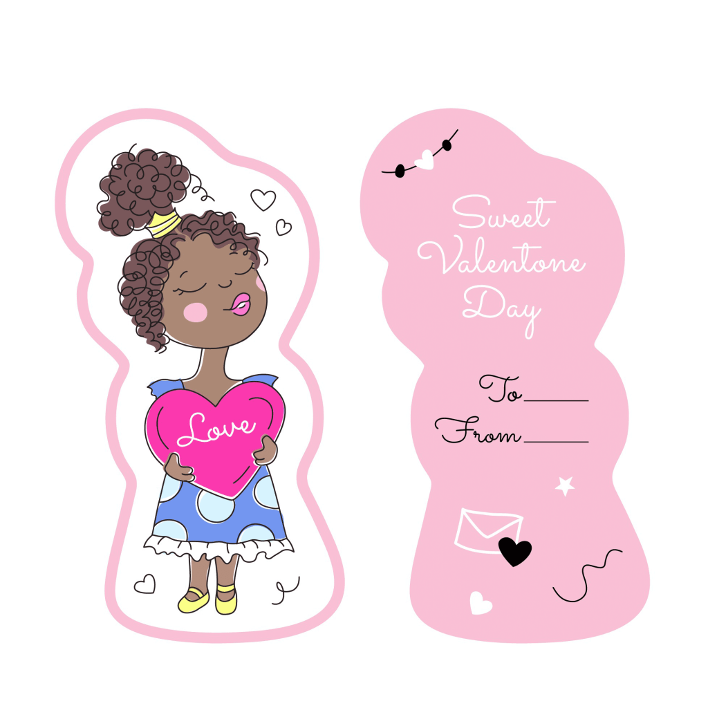 Illustrated Valentine’s Day card featuring a girl holding a pink heart, with “Sweet Valentine Day” text and space for names.