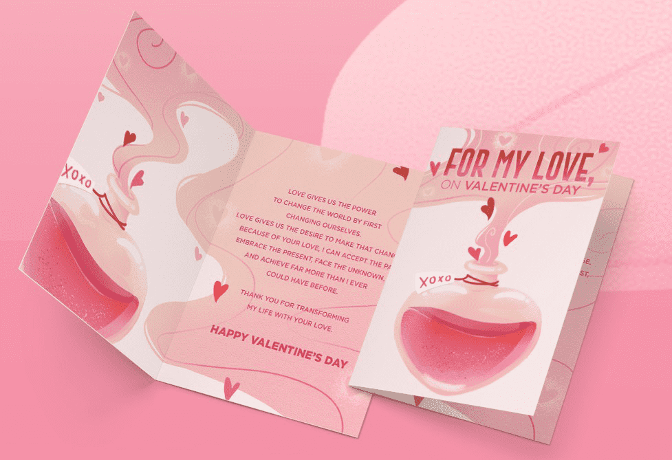 Pink Valentine’s Day card mockup featuring a love potion illustration, heart details and a romantic message.
