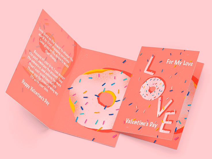 Coral Valentine’s Day card mockup featuring a colorful sprinkled donut design and “For My Love” message.