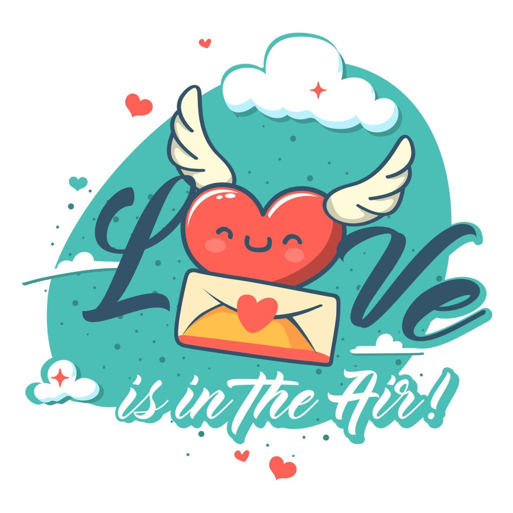 Colorful Valentine’s Day illustration of a winged heart holding a love letter with the words “Love is in the Air!”
