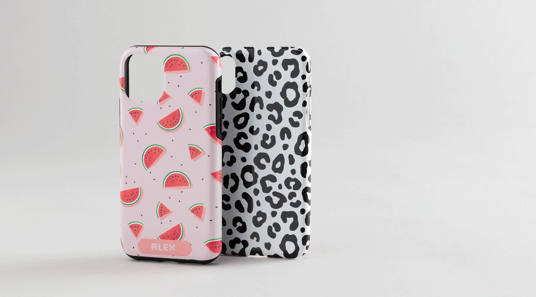Custom phone cases with watermelon and cheetah designs