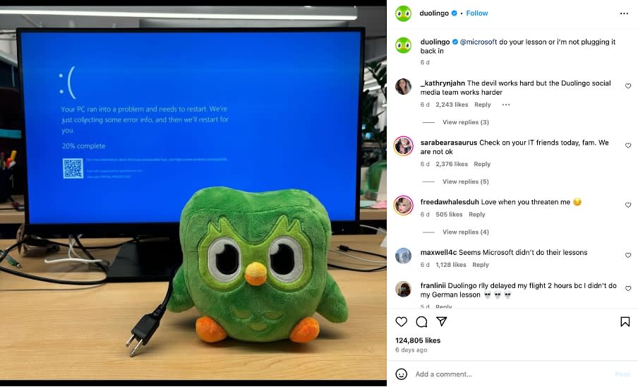 Duolingo&rsquo;s Instagram post in response to the global Microsoft outage in July 2024