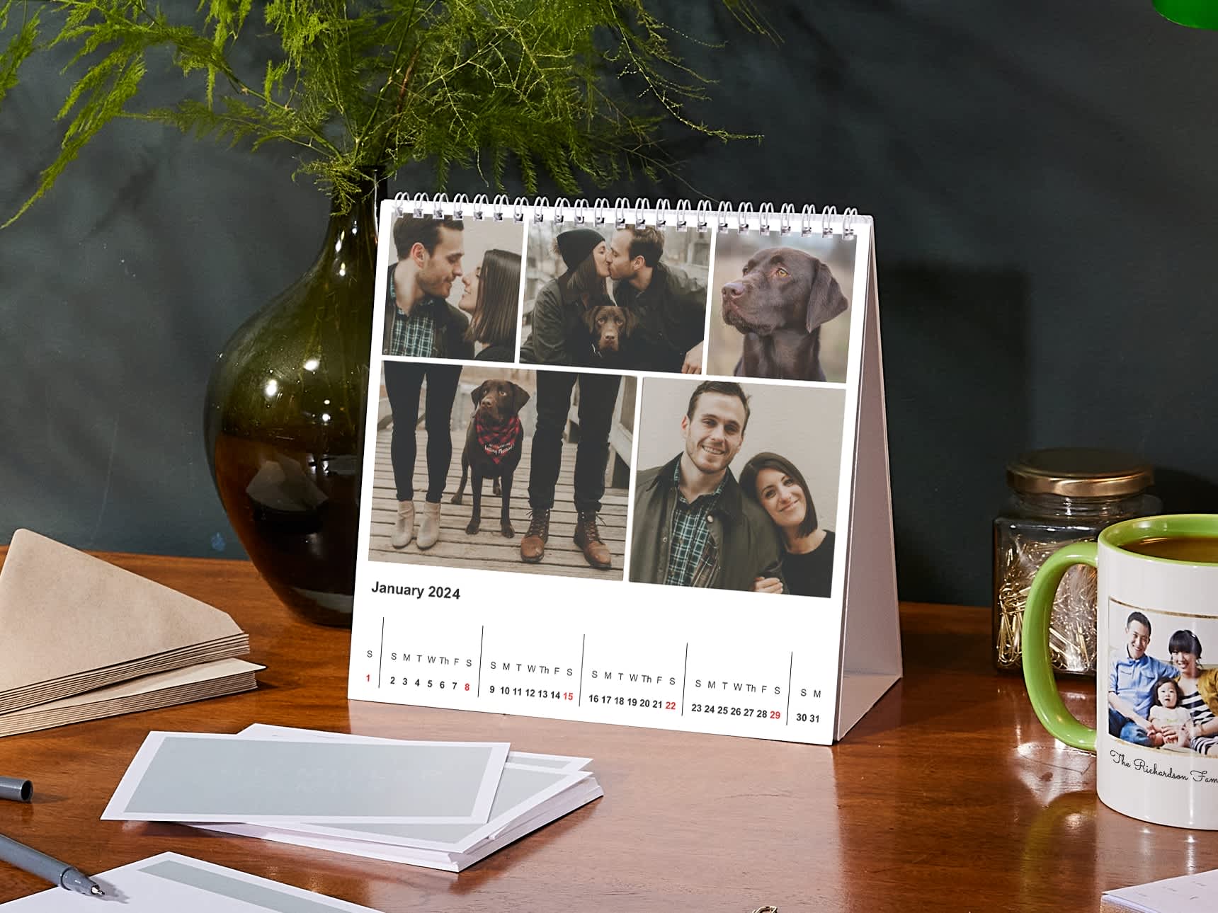 A desk calendar with photos of a couple