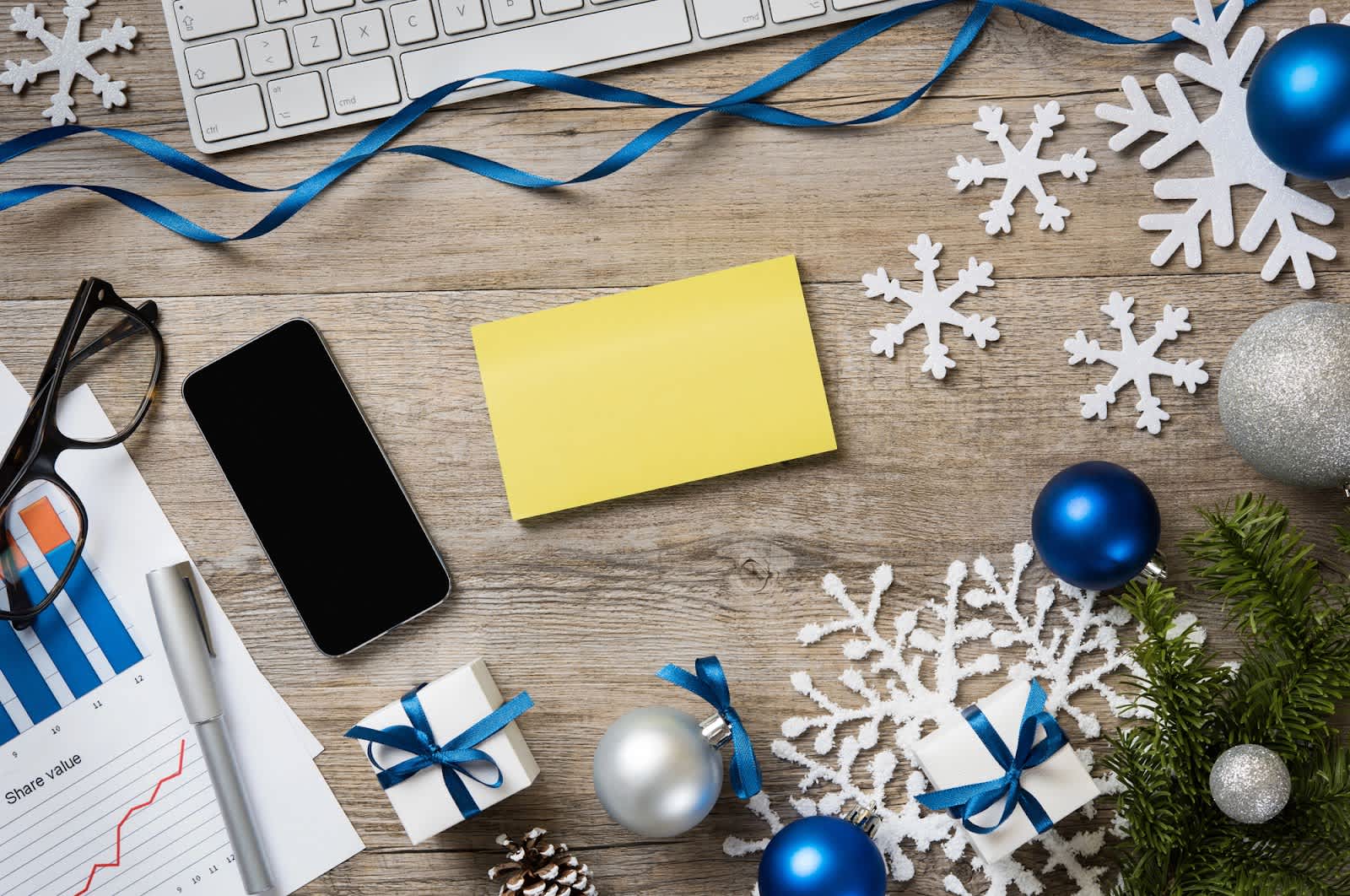 A work desk with Christmas ornaments
