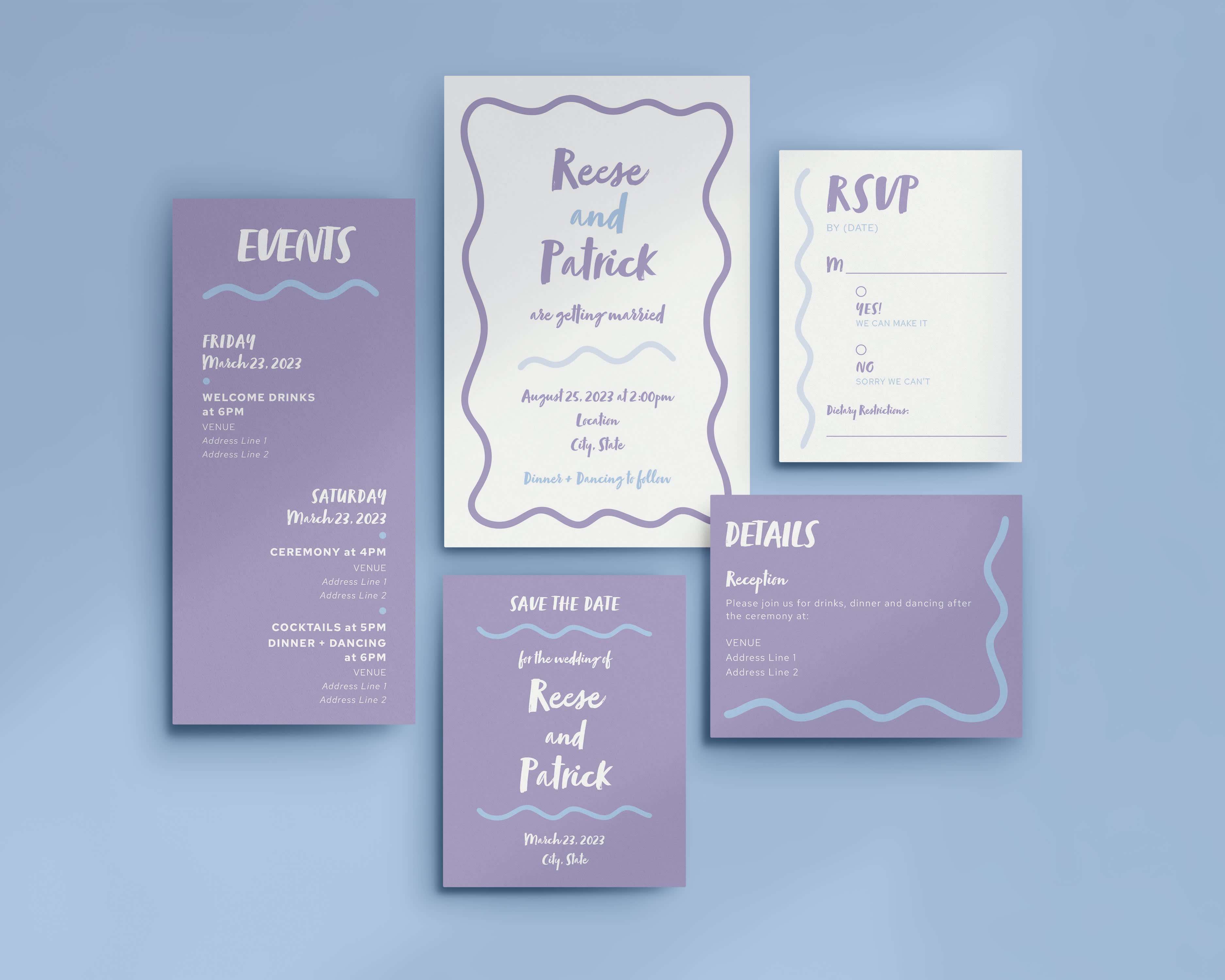 Casual RSVP card wording wedding stationery suite