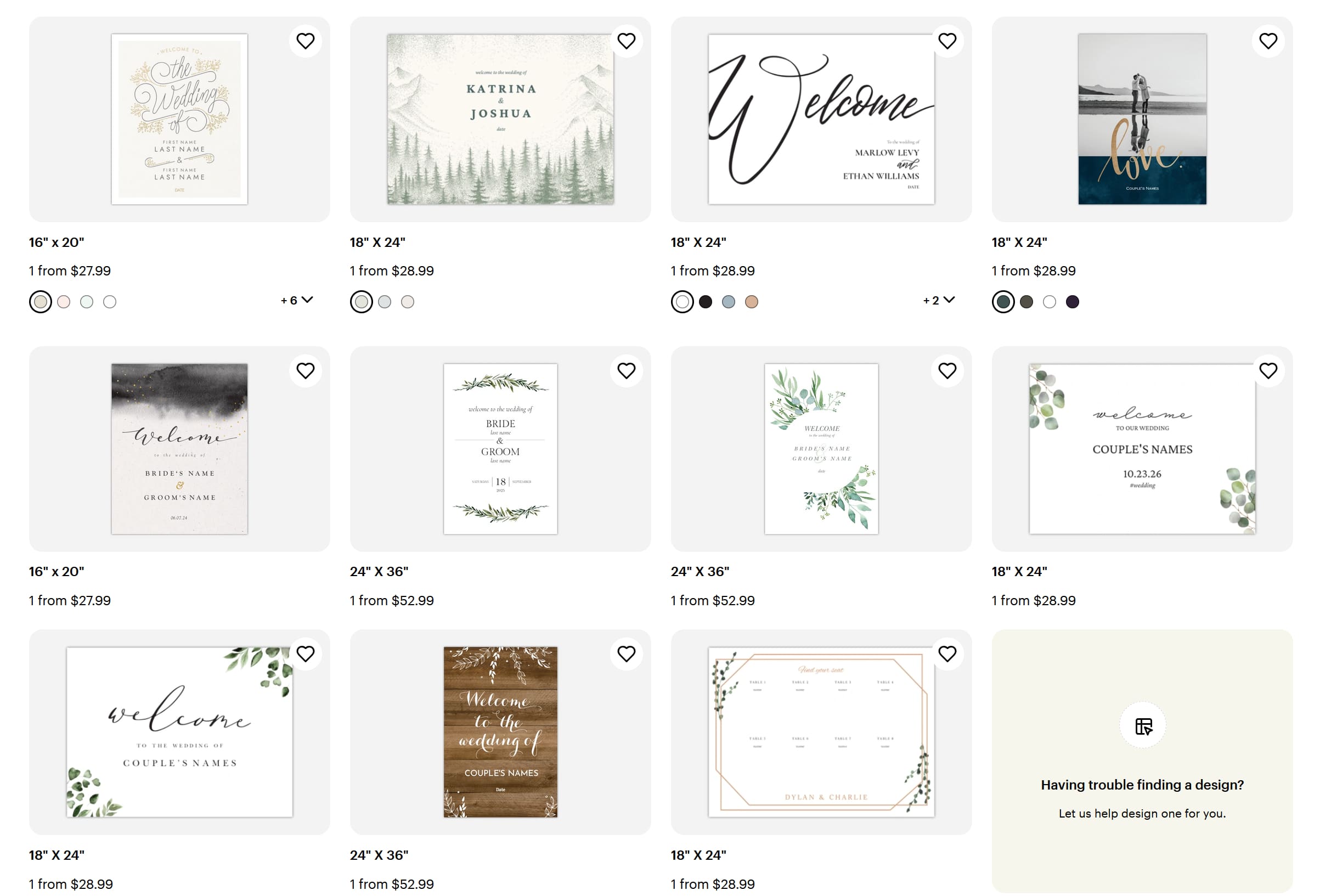 A screenshot of the VistaPrint customizable wedding sign templates gallery