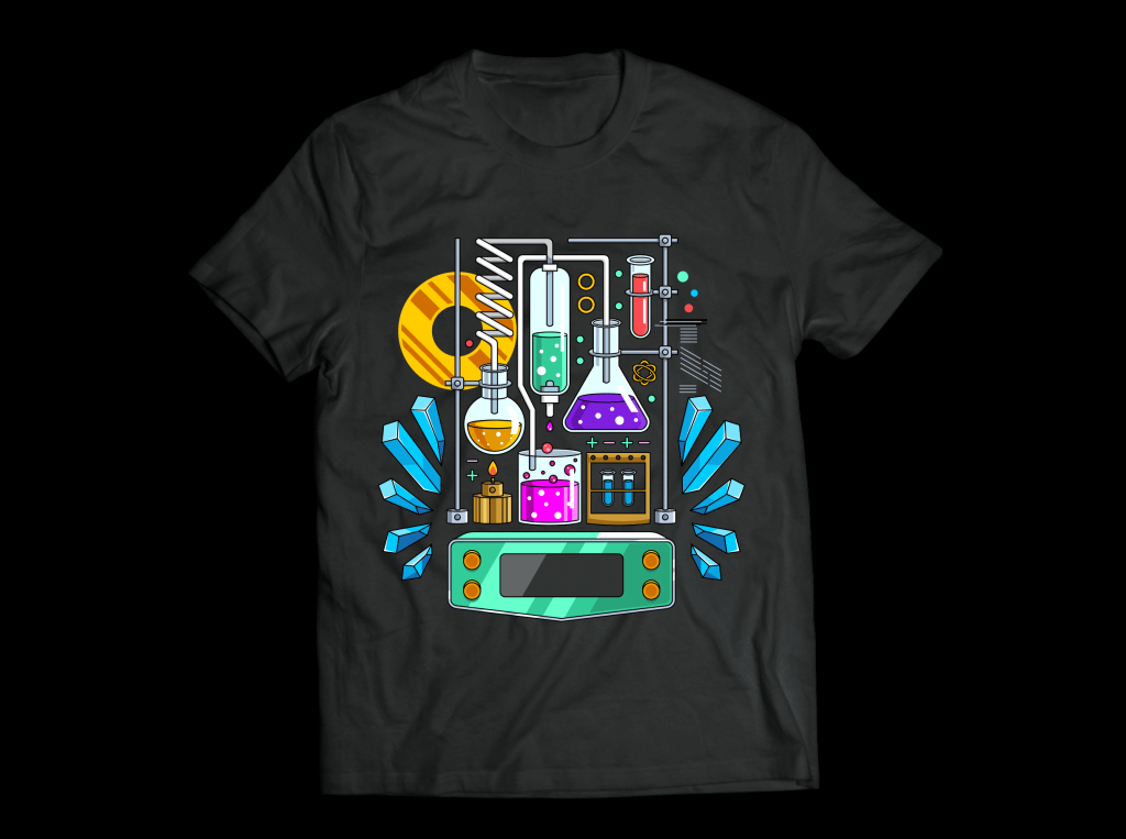 Chemistry-themed colorful t-shirt design by Cute Skull Studios