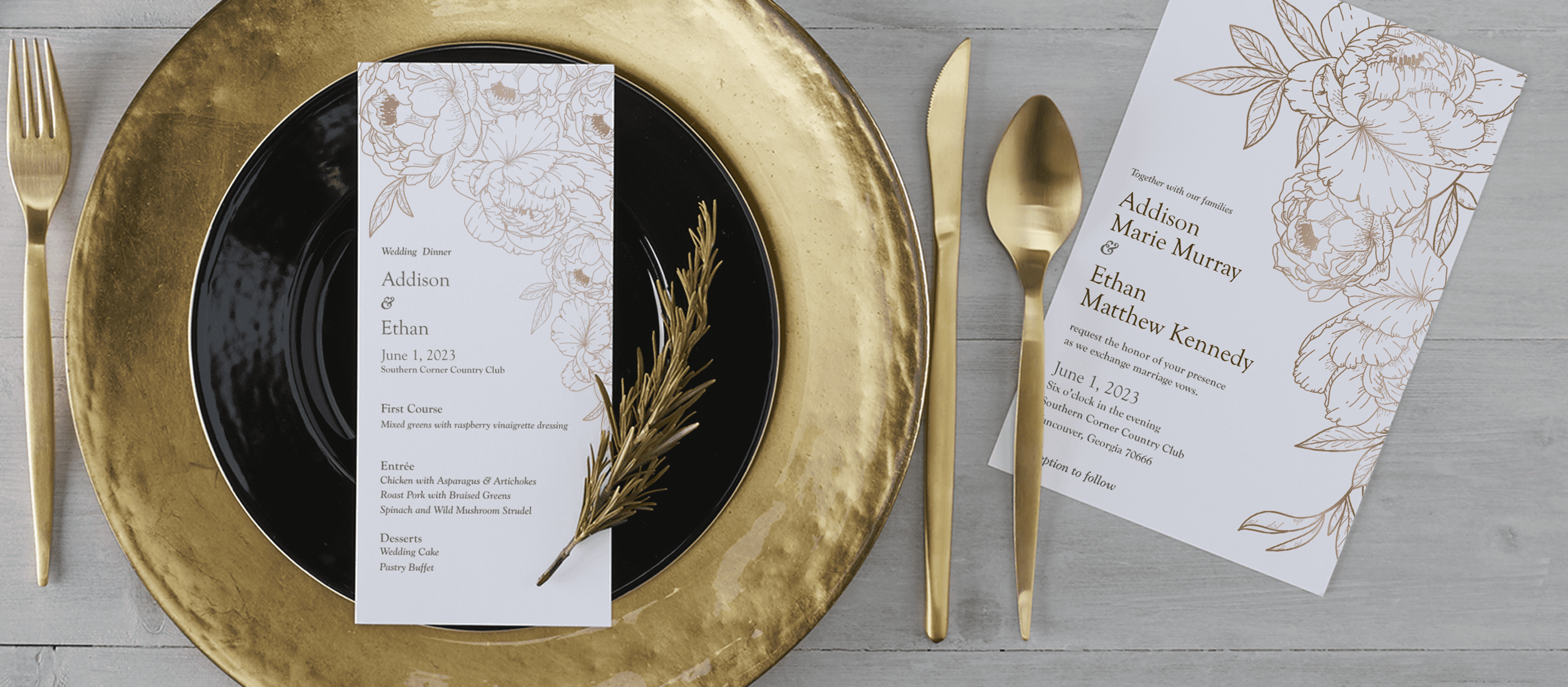 Boho wedding menu card with floral elements