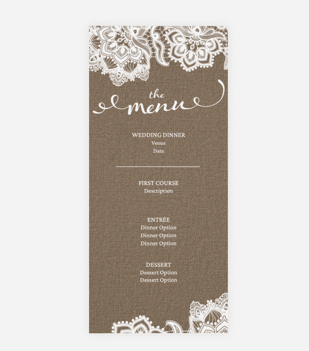 Rustic wedding menu card design with lace elements