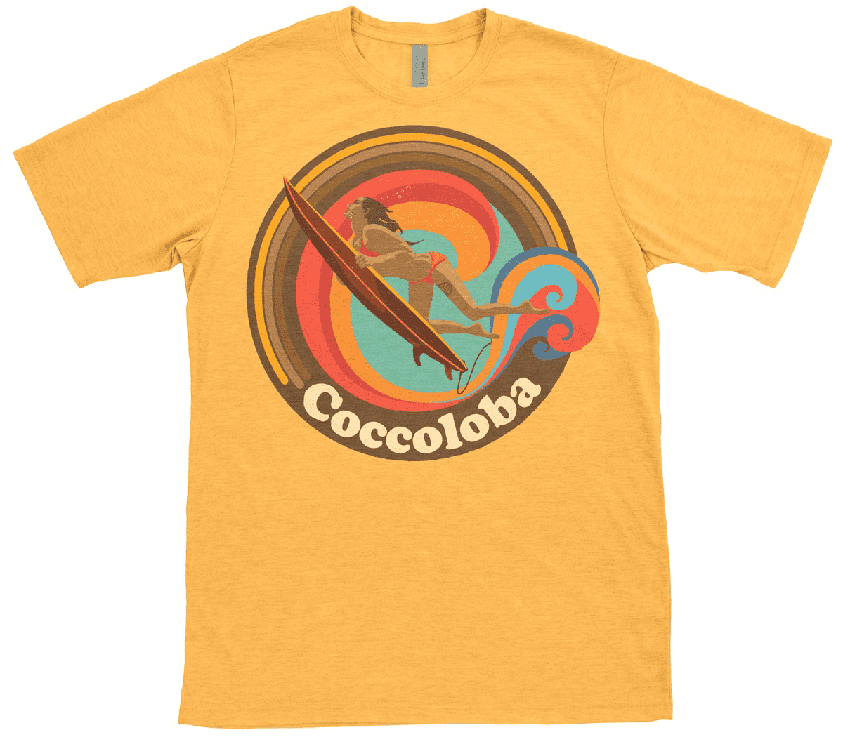 Surfing vintage logo design for Coccoloba on a yellow T-shirt by Jose Antonio Varela