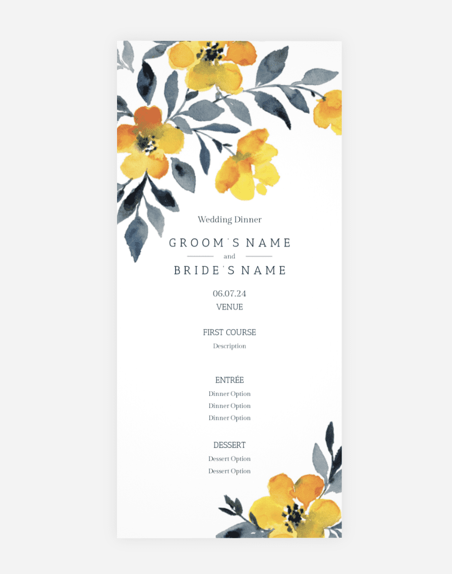 Wedding menu card design with watercolor flowers