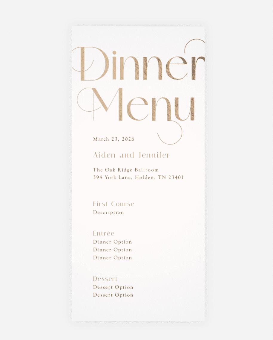 Wedding menu card with golden foil accents