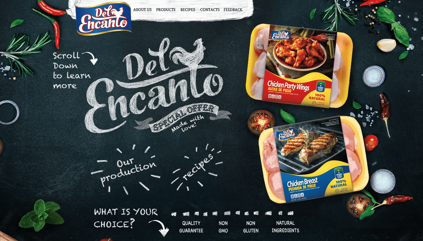 A freeform image and text design on a food website