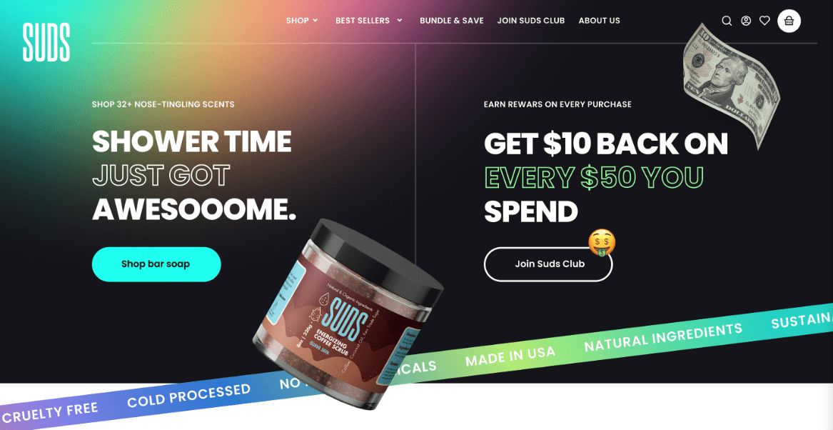 Floating images of scrub soap and a dollar bill on a soap brand website