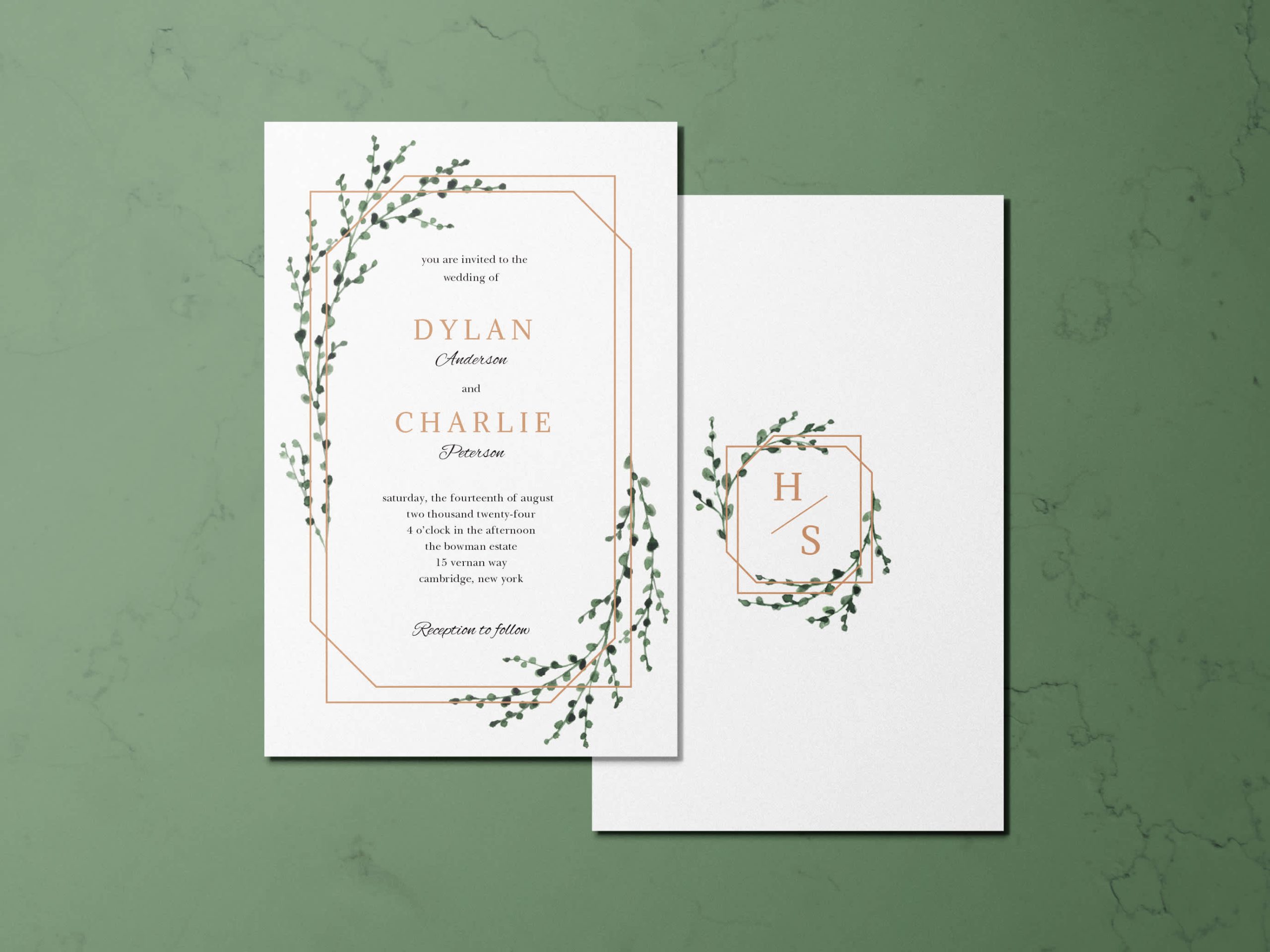 Rustic wedding monogram logo on a wedding invitation