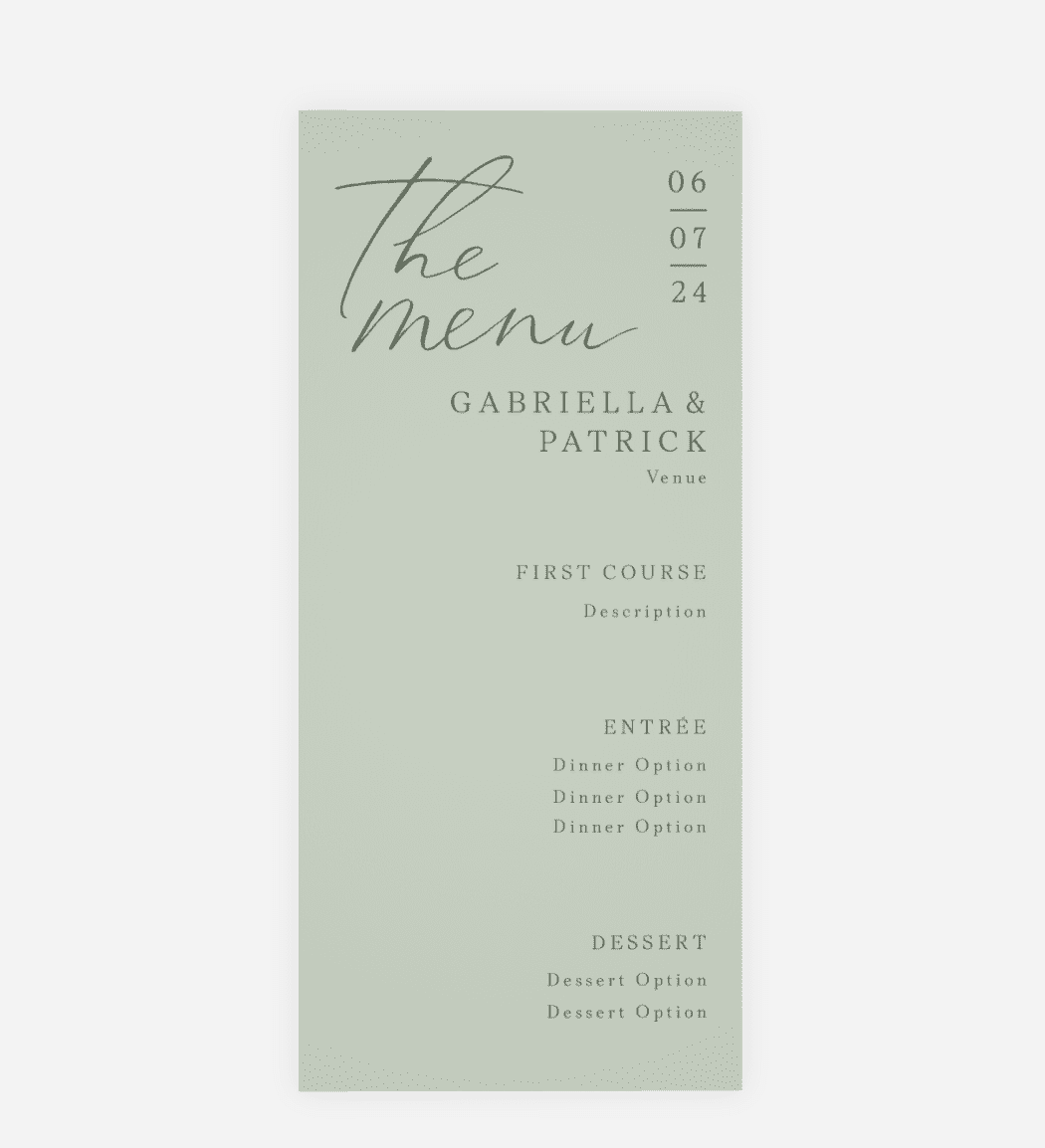 Wedding menu card with a monochrome design