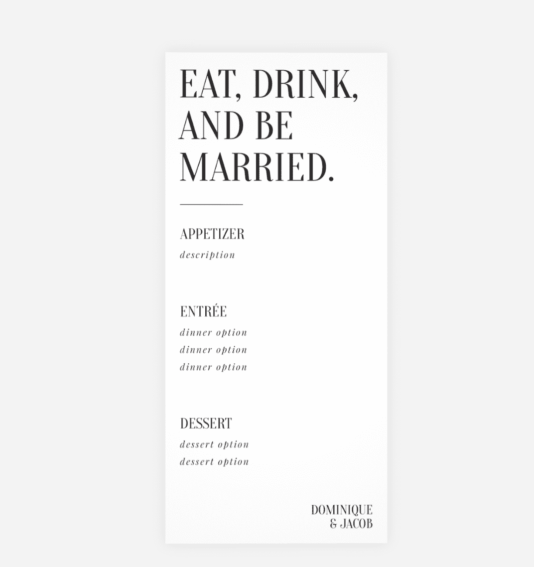 Black and white typography wedding menu design