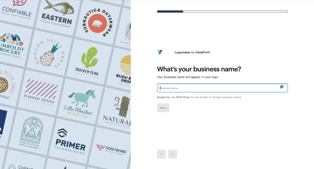 Entering your business name to create an AI logo with VistaPrint’s Logomaker