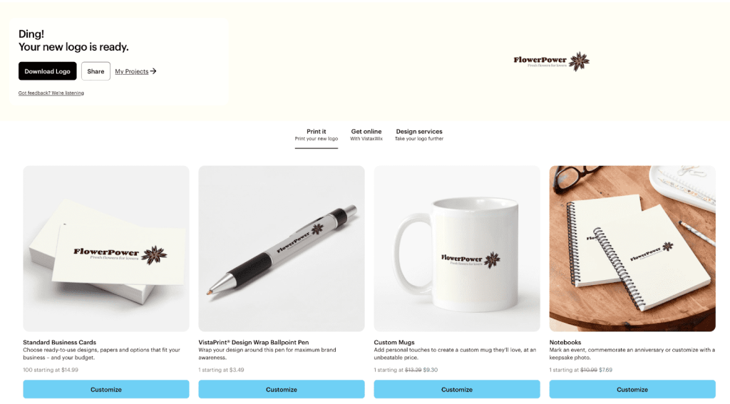 Customized AI logo design printed onto business cards, pens, notebooks and mugs