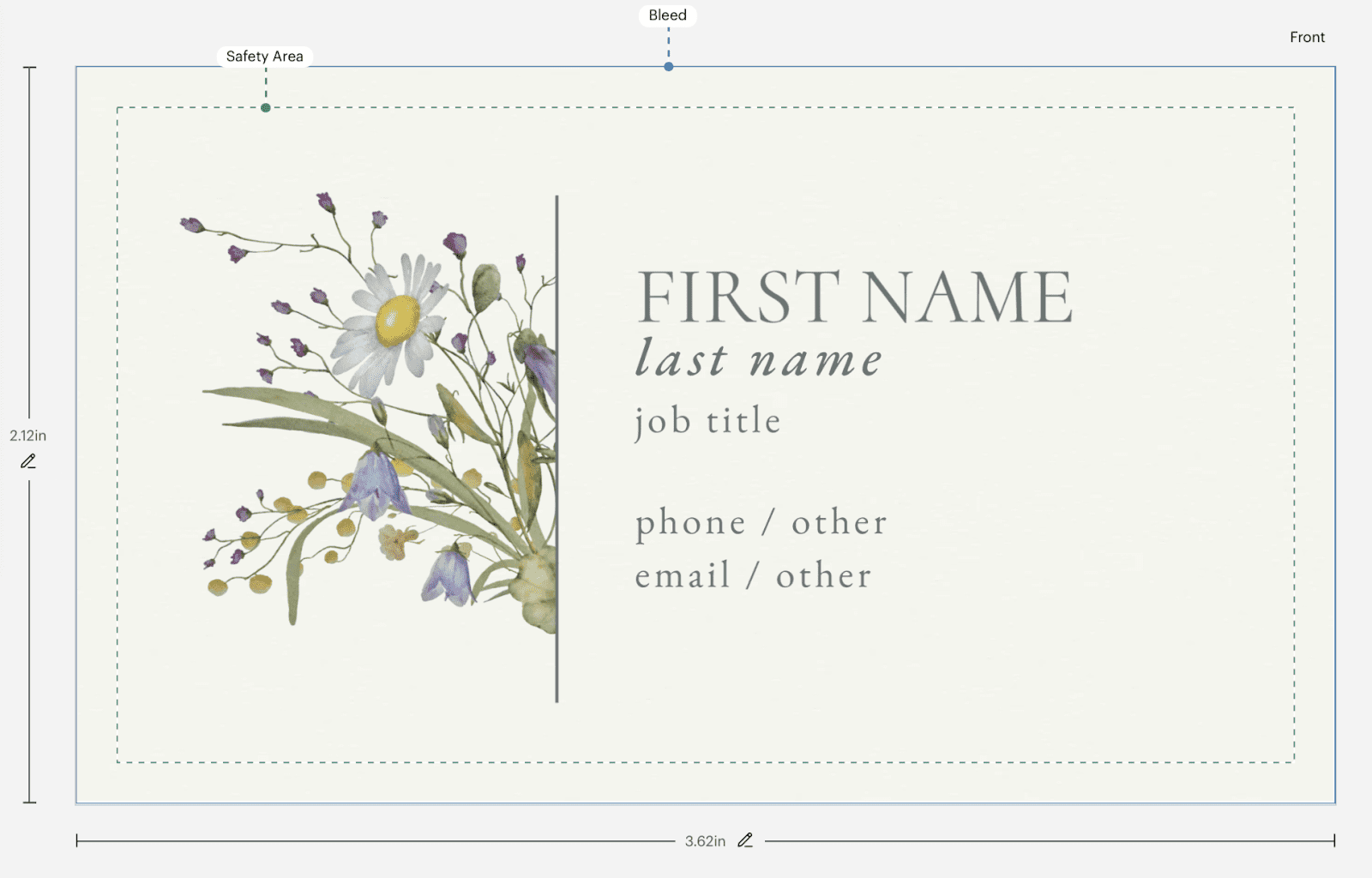 Bleed, trim and safety area outlined in the canvas of our business card design tool