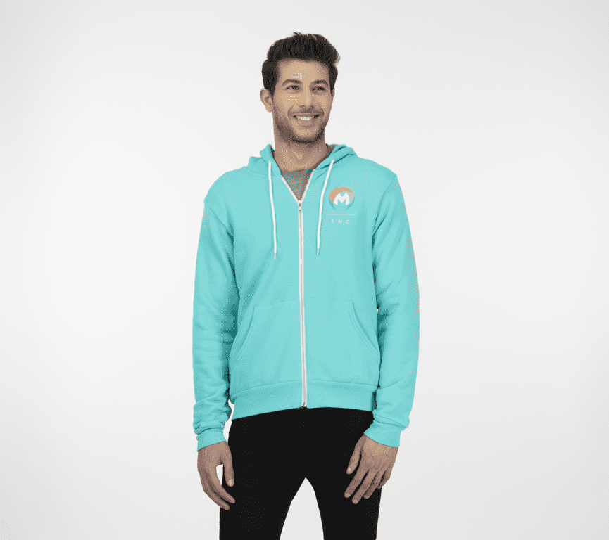 Man wearing light blue custom branded zip up hoodie