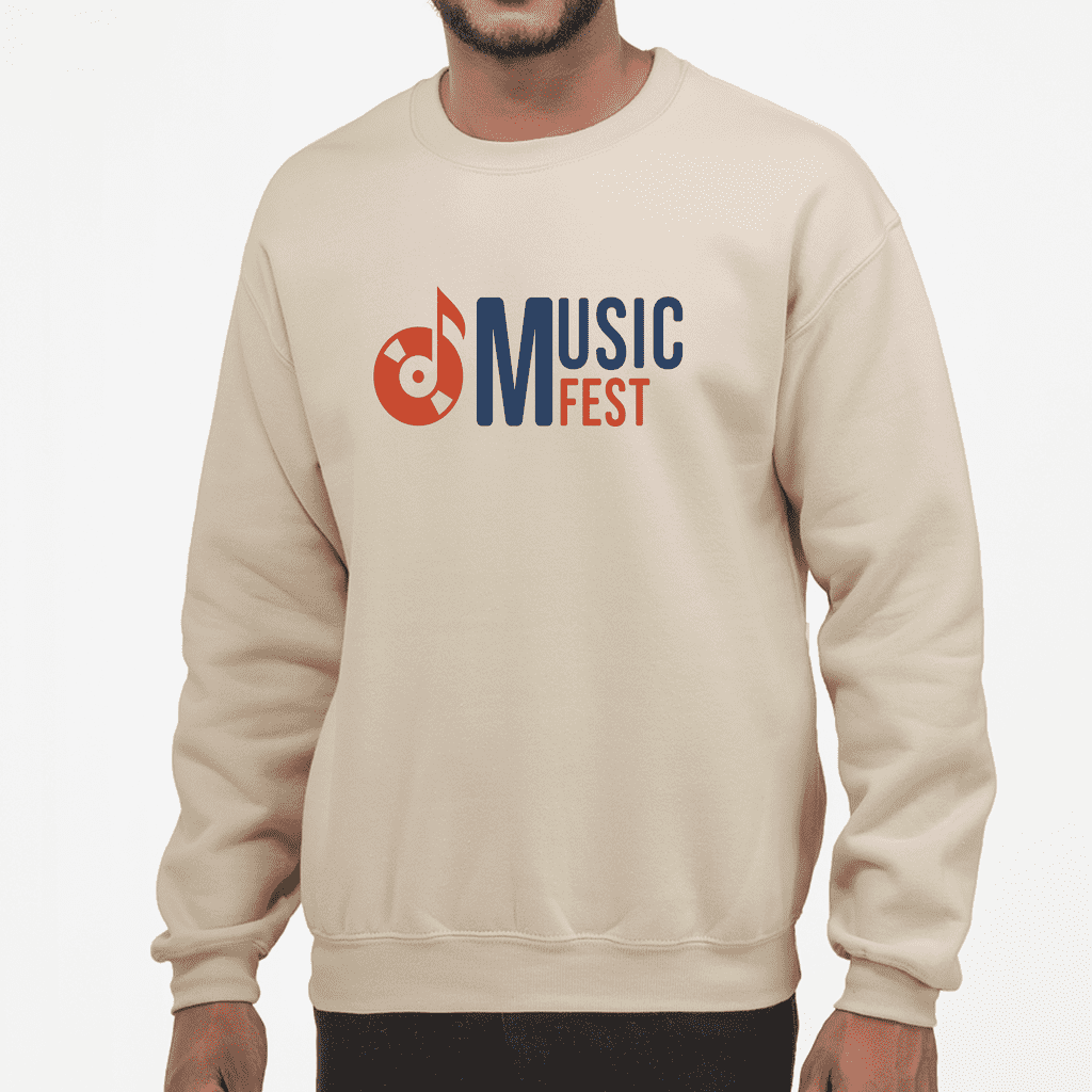Man wearing cream crew neck sweatshirt with music fest logo&nbsp;