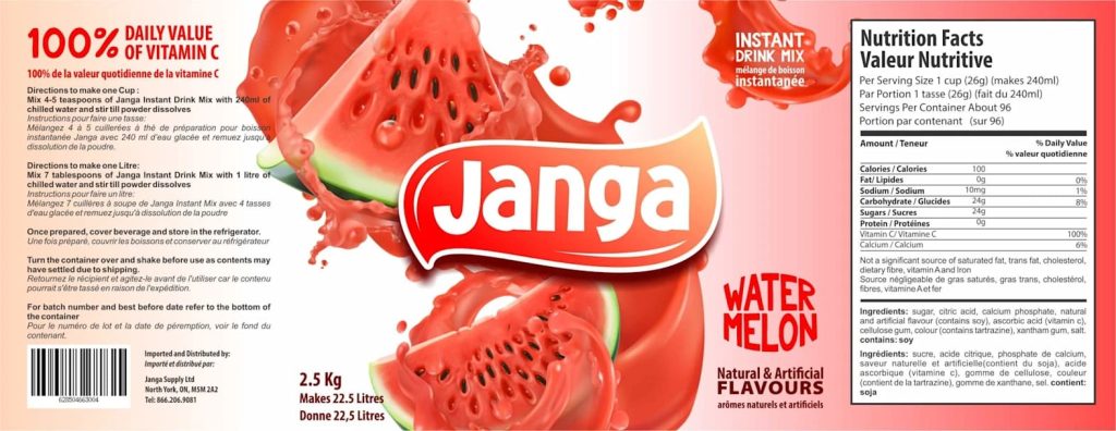 Pink, peach and white gradient product label with an image of watermelon slices and text