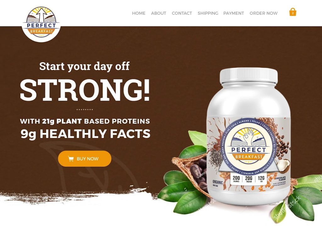 Supplement website design showing a breakfast powder supplement