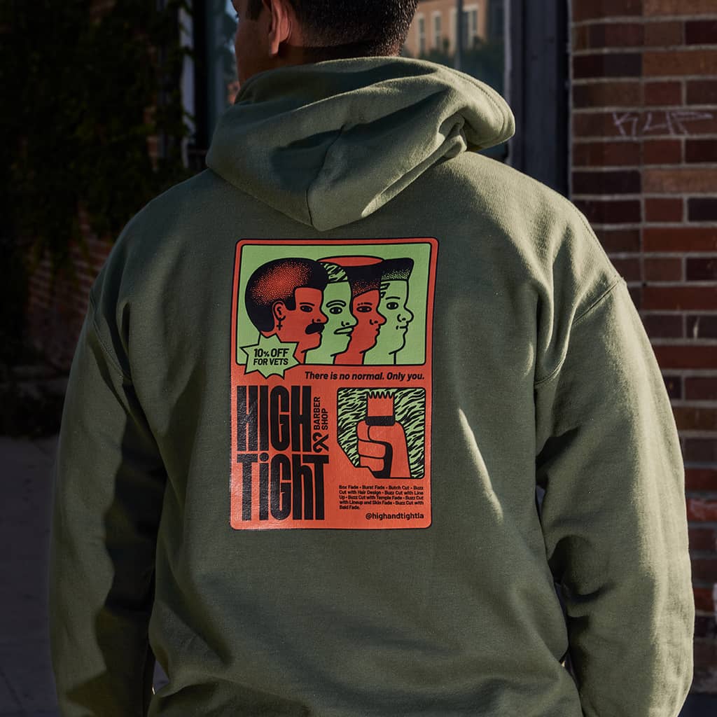 A hoodie design with a bold branded artwork on the back