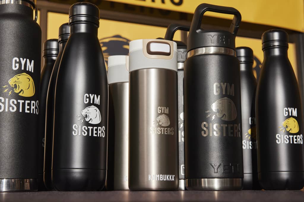 Selection of branded water bottles for a gym.