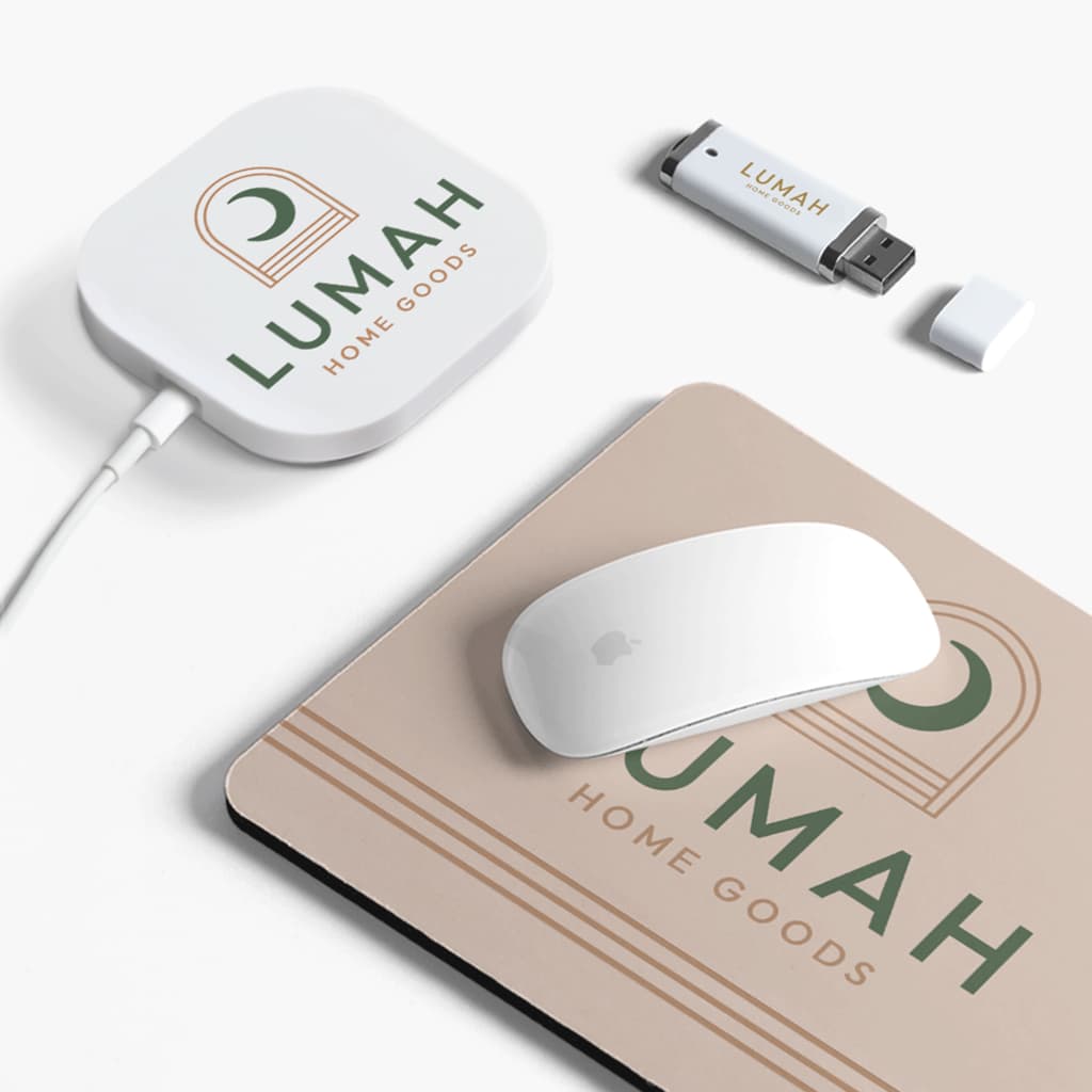 Branded wireless charger, mouse mat and USB stick career fair swag