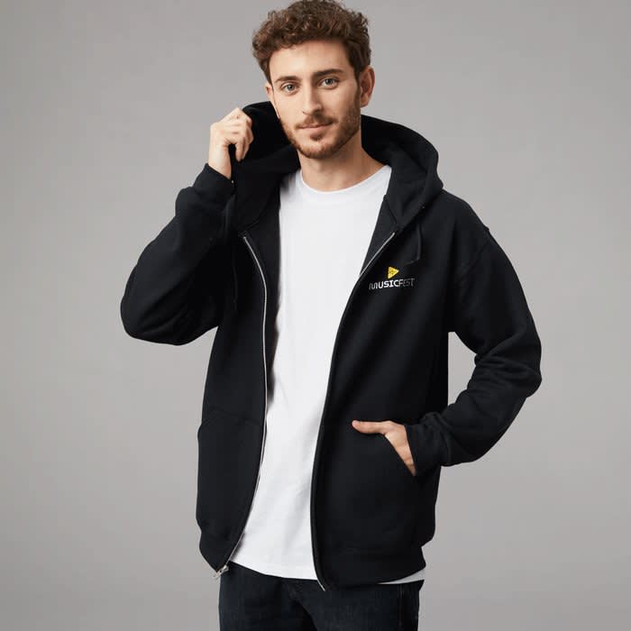 man wearing a branded zip-up hoodie style
