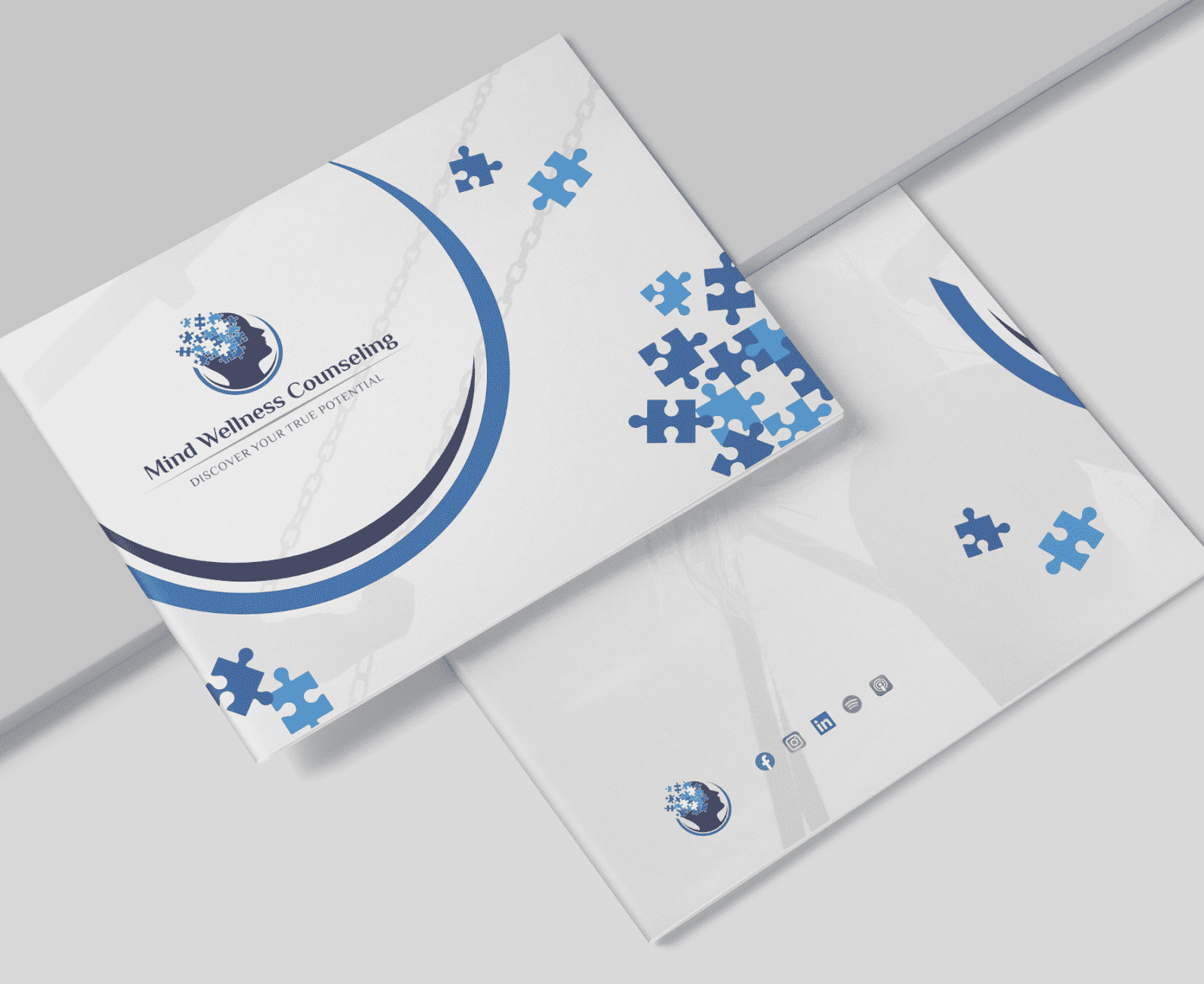 Blue business card design with social icons on the back.