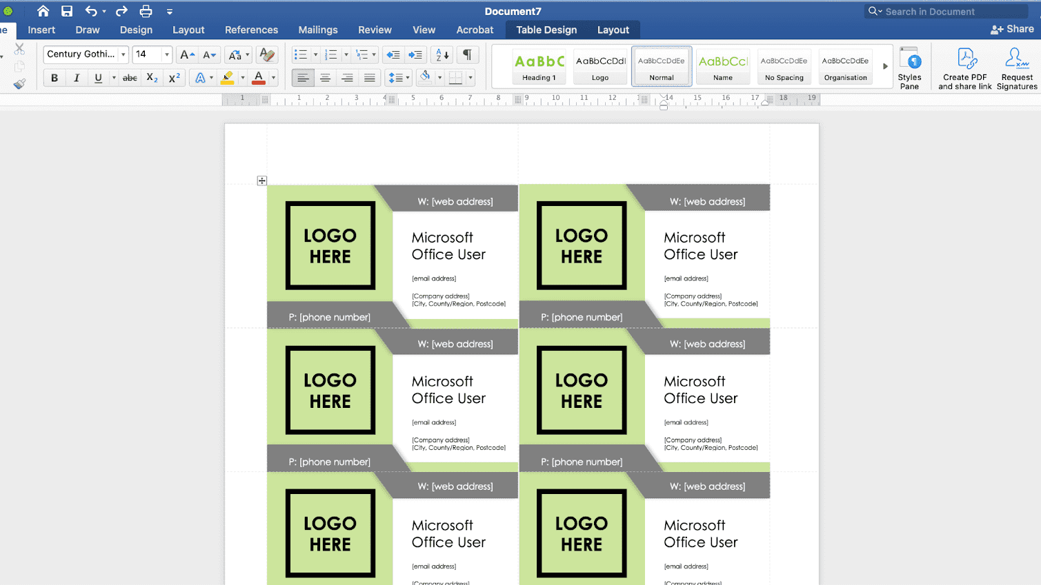 Business card template on Word with logo placement.