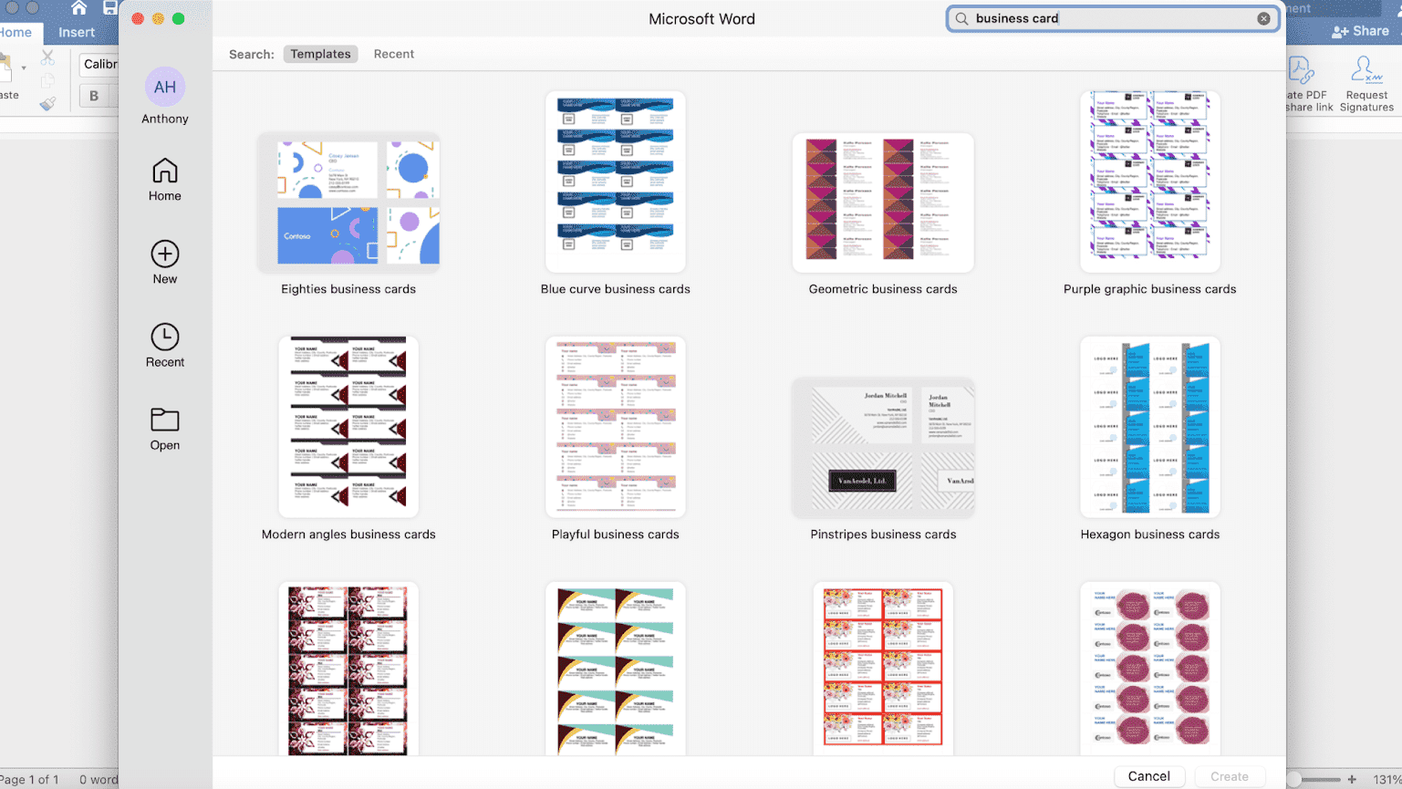 Business card templates on Word.