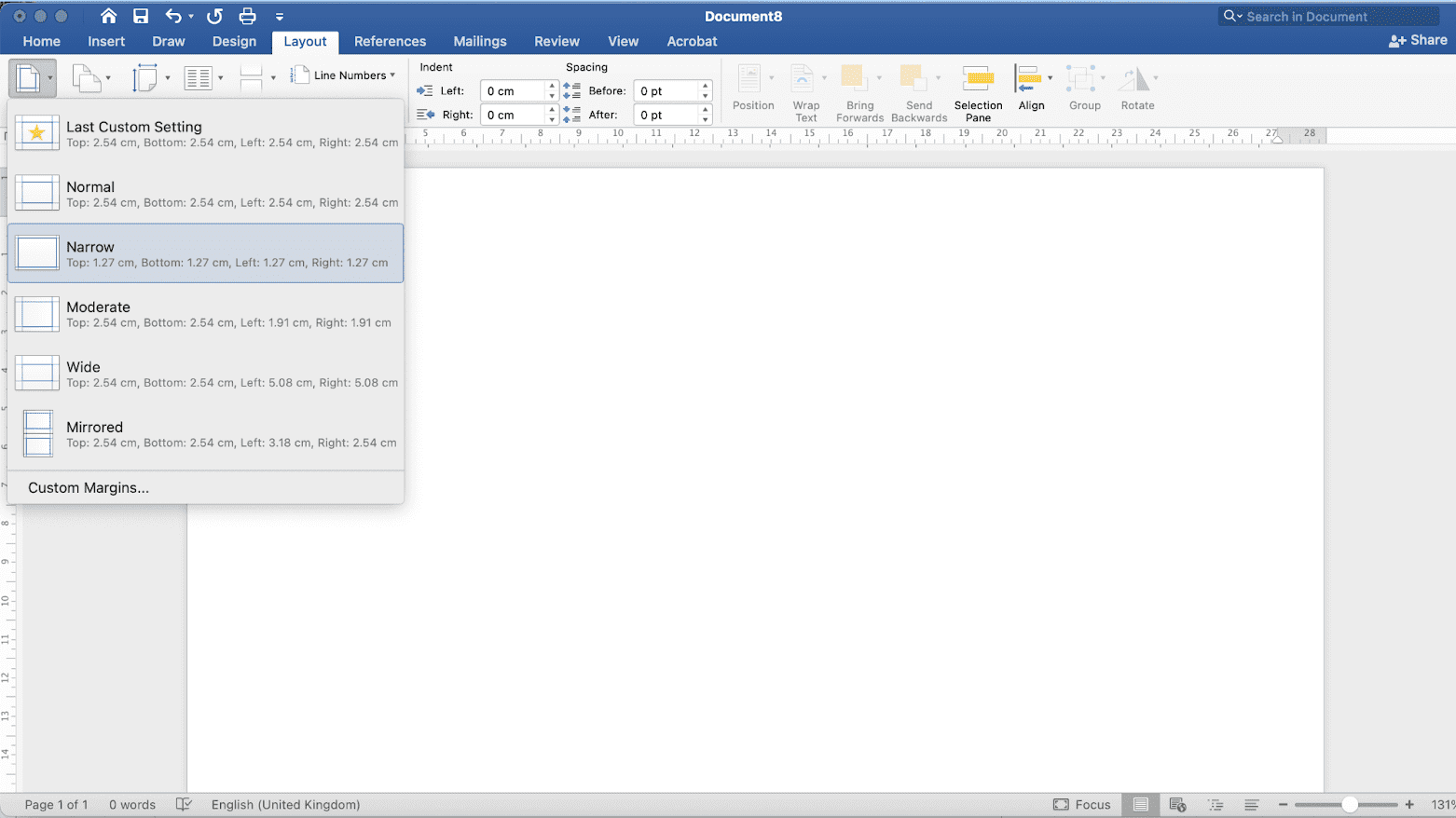 Choosing page layout on Word.