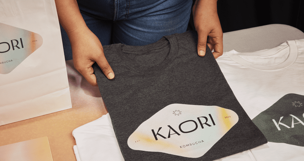 Branded T-shirts on a table