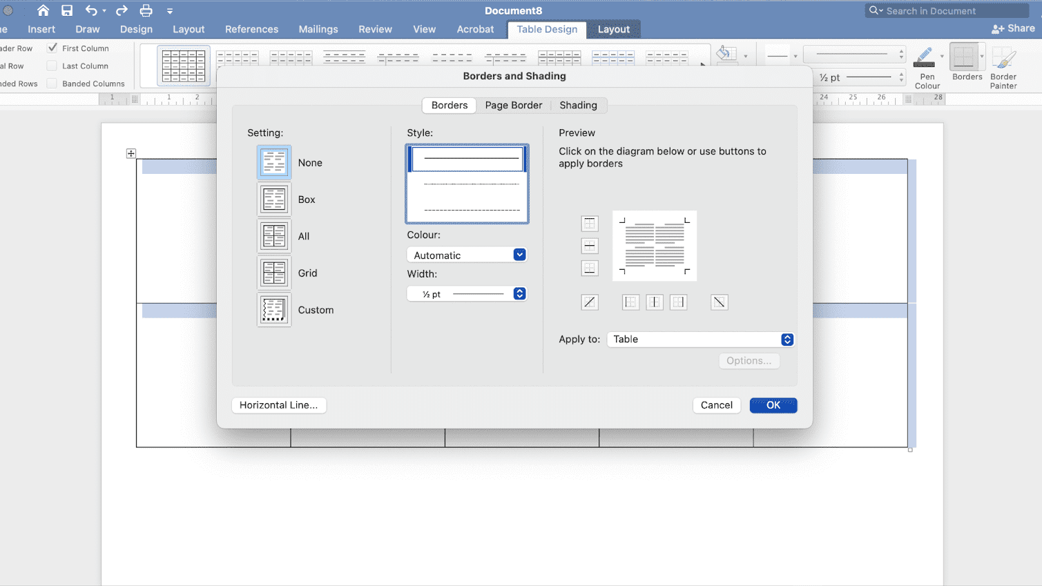 Removing borders on Word to set up how to make business cards.